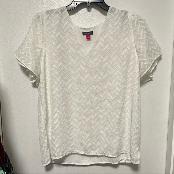 Vince Camuto Citrus Splash New Ivory V Neck Flutter Sleeve Blouse LARGE - Picture 1 of 4